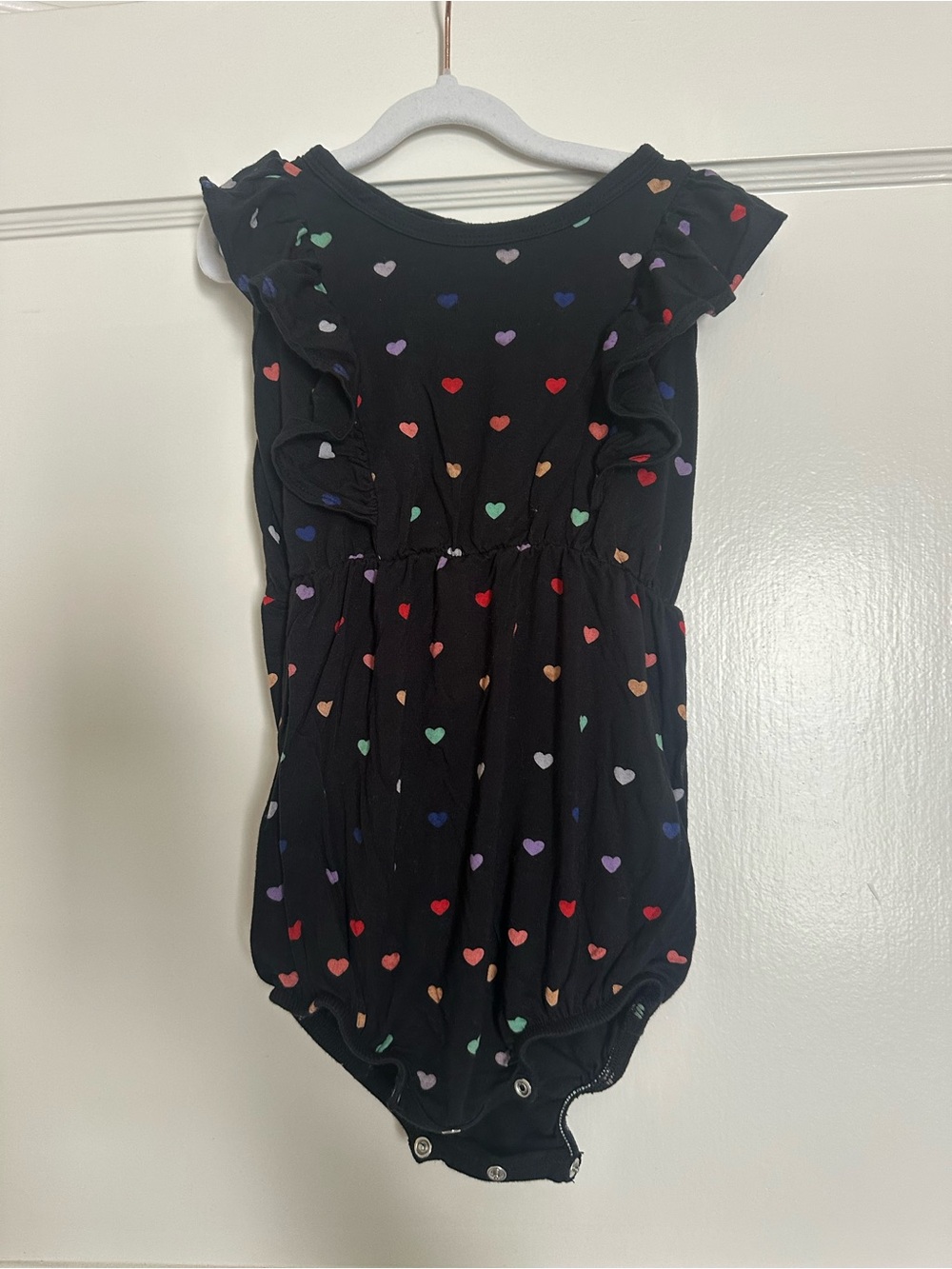 Kyte BABY Black Romper Dress with Multicolor Hearts